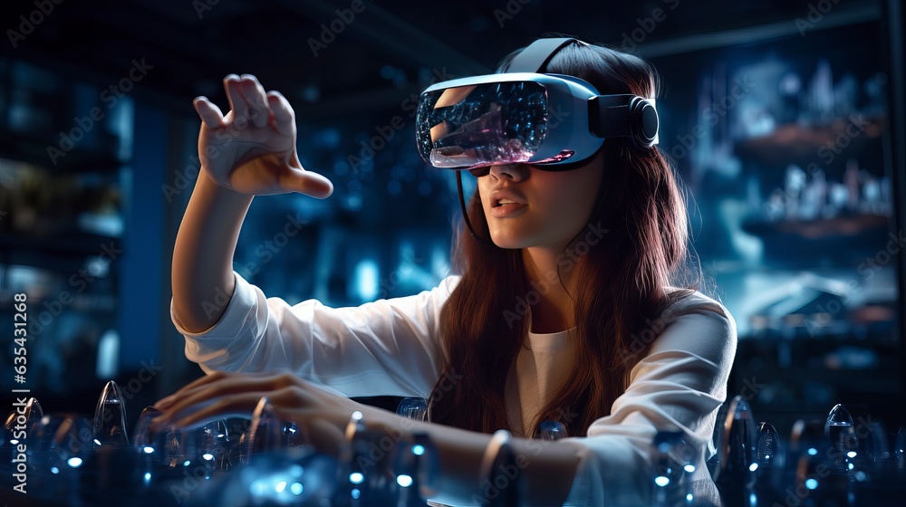Individuals wearing VR glasses for work and entertainment, seamlessly blending technology into daily life. 'generative AI' 