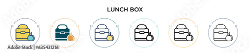 Lunch box icon in filled, thin line, outline and stroke style. Vector illustration of two colored and black lunch box vector icons designs can be used for mobile, ui, web
