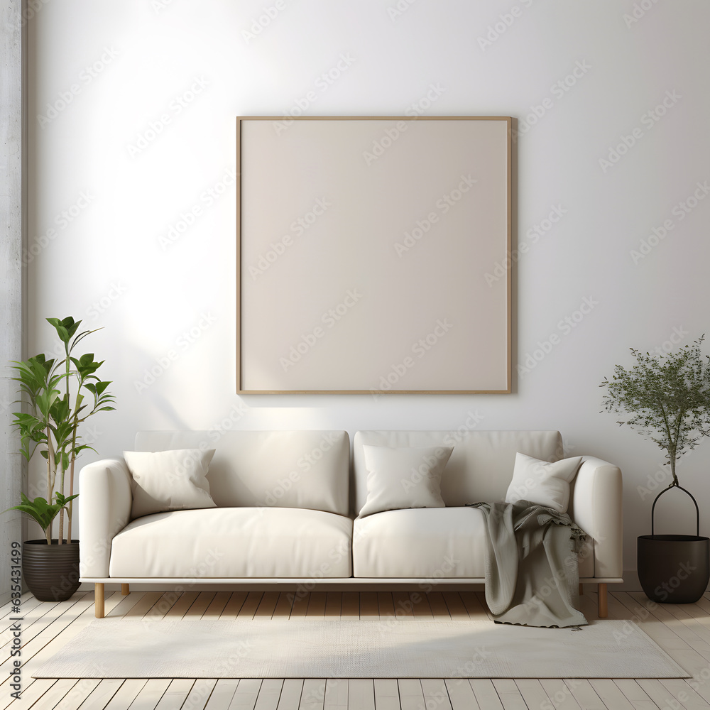 Mock up poster frame with sofa in interior living room on white wall Mock up poster frame with sofa in interior living room on white wall