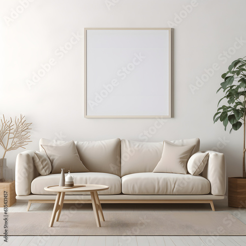 Mock up poster frame with sofa in interior living room on white wall © Planetz
