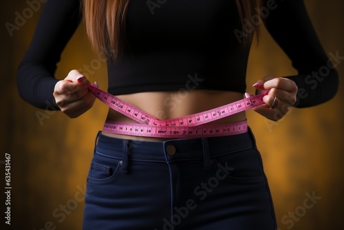 Fit woman measures her waist size after losing weight, Generative Ai photo