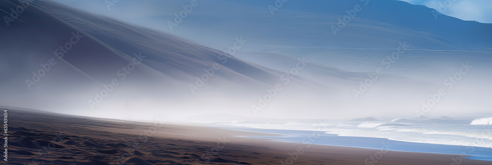 Oil painting of beach sand water with dunes in the background Oil painting of beach sand water with dunes in the background