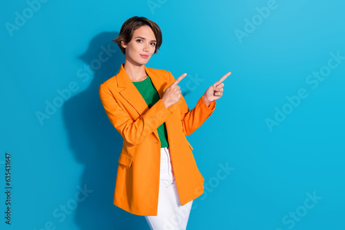 Photo of young lady formal outfit direct fingers empty space useful tips how find first job no experience isolated on blue color background