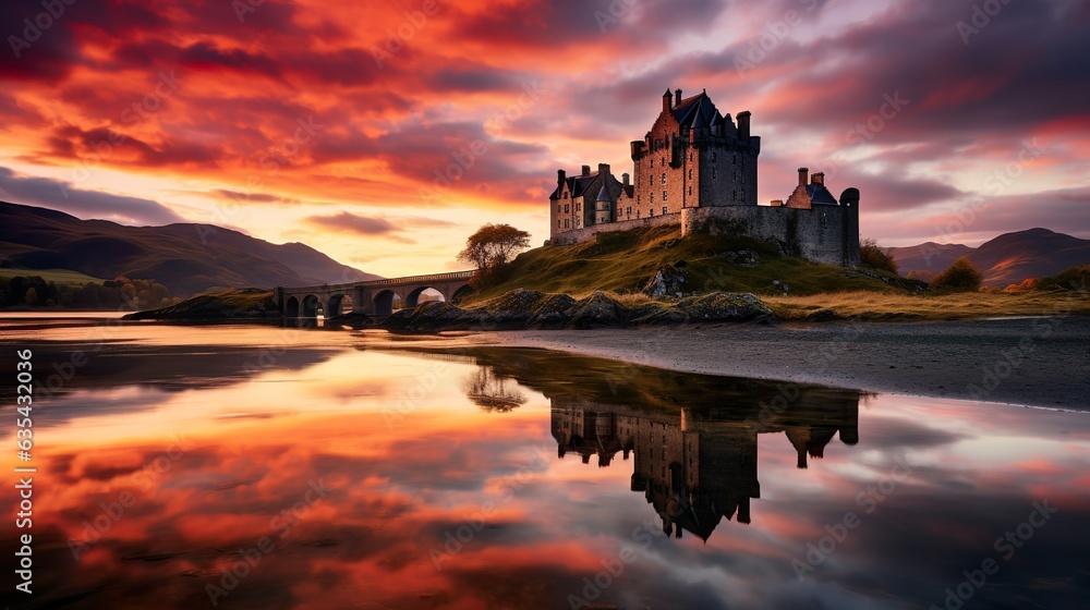 Castle at sunset in Scotland made with Ai generative technology, Property is fictional