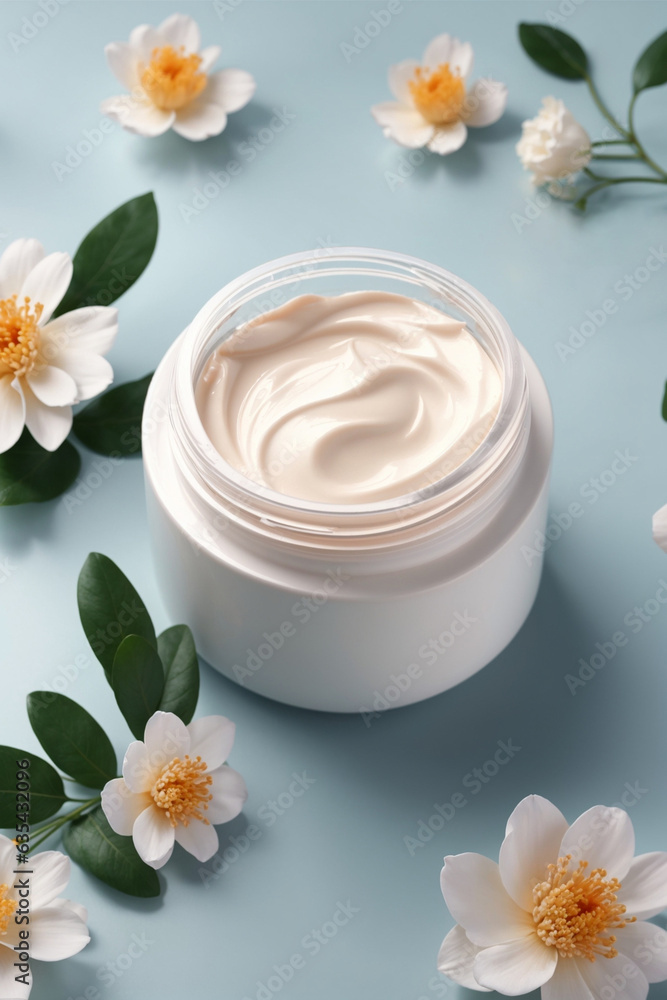 Cosmetic cream in a white jar on a blue background with flowers
Cosmetic cream in a white jar on a blue background with flowers