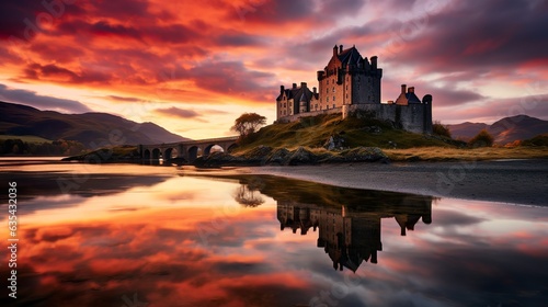 Castle at sunset in Scotland made with Ai generative technology, Property is fictional