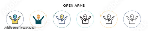 Open arms icon in filled, thin line, outline and stroke style. Vector illustration of two colored and black open arms vector icons designs can be used for mobile, ui, web