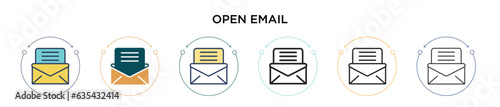 Open email icon in filled, thin line, outline and stroke style. Vector illustration of two colored and black open email vector icons designs can be used for mobile, ui, web