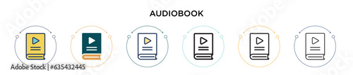 Audiobook icon in filled, thin line, outline and stroke style. Vector illustration of two colored and black audiobook vector icons designs can be used for mobile, ui, web