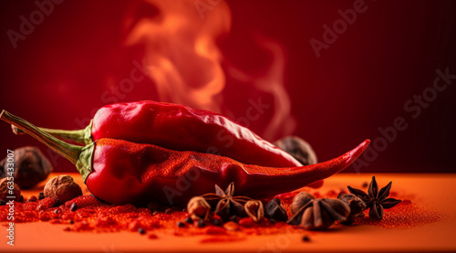 Fotografie, Obraz Chili pepper on a red background with fire and smoke, created with Generative AI technology
