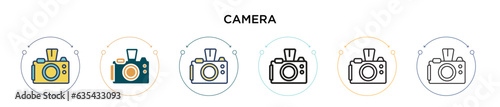Camera icon in filled, thin line, outline and stroke style. Vector illustration of two colored and black camera vector icons designs can be used for mobile, ui, web