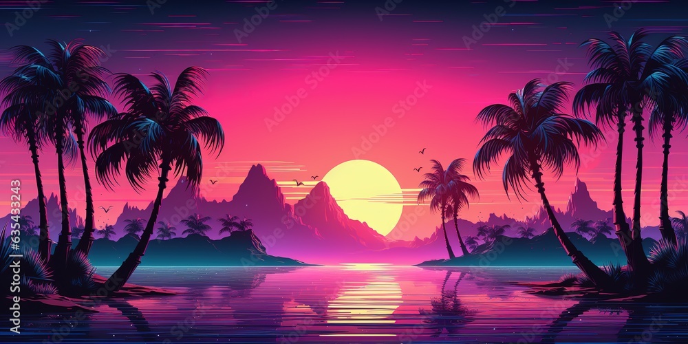 Aesthetic synthwave wallpaper with a cool and vibrant neon design, Generative AI	