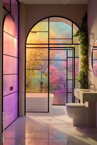 A vibrant and inviting bathroom design with a grand window, a stylish tub, and subtle details such as wall fixtures, art, and lights, that all come together to create a luxurious space