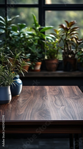 There is a wooden table that has plants on it