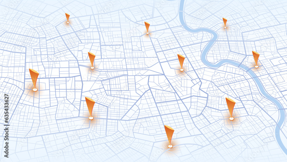 GPS navigator screen with street road, location. City top view