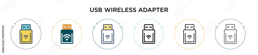 Fototapeta premium Usb wireless adapter icon in filled, thin line, outline and stroke style. Vector illustration of two colored and black usb wireless adapter vector icons designs can be used for mobile, ui, web