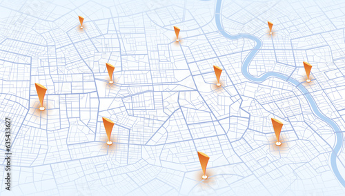 GPS navigator screen with street road, location. City top view. Colorful lines, geometric element, Online navigation. Multiple destinations, points Vector, iIsometric modern abstract map, perspective