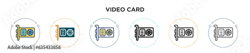 Video card icon in filled, thin line, outline and stroke style. Vector illustration of two colored and black video card vector icons designs can be used for mobile, ui, web
