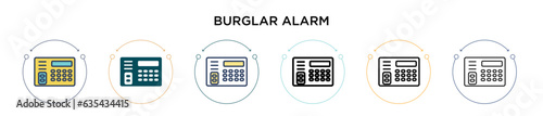 Burglar alarm icon in filled, thin line, outline and stroke style. Vector illustration of two colored and black burglar alarm vector icons designs can be used for mobile, ui, web photo