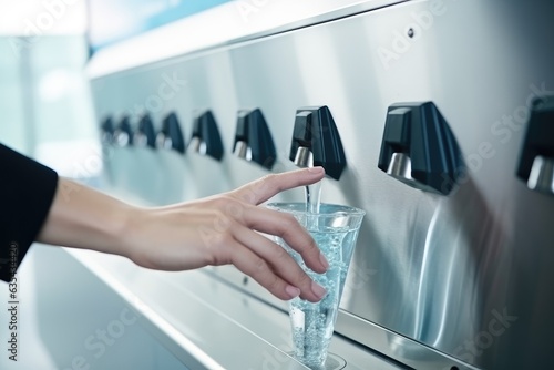 Hand of a traveler pressed the button of drinking water filling station at the Airport, Refill, Reusable bottle. Eco friendly