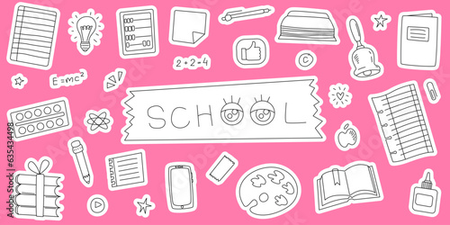 School themed stickers. Vector flat illustration. Line art doodle style editable stroke. Cute items and school supplies. Education theme clip art