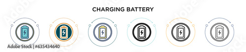 Charging battery icon in filled, thin line, outline and stroke style. Vector illustration of two colored and black charging battery vector icons designs can be used for mobile, ui, web