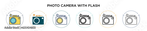 Photo camera with flash icon in filled, thin line, outline and stroke style. Vector illustration of two colored and black photo camera with flash vector icons designs can be used for mobile, ui, web