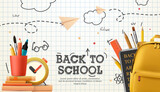 Back to school, banner, poster. Backpack and stationery, stack of books, alarm clock, paper airplanes, a checkered paper with different doodle scientific icons
