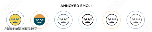 Annoyed emoji icon in filled, thin line, outline and stroke style. Vector illustration of two colored and black annoyed emoji vector icons designs can be used for mobile, ui, web