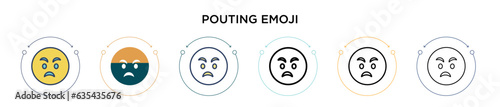 Pouting emoji icon in filled, thin line, outline and stroke style. Vector illustration of two colored and black pouting emoji vector icons designs can be used for mobile, ui, web