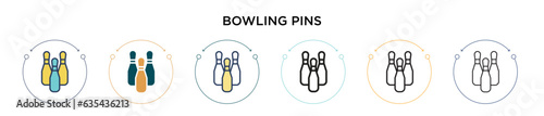 Bowling pins icon in filled, thin line, outline and stroke style. Vector illustration of two colored and black bowling pins vector icons designs can be used for mobile, ui, web