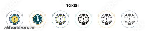 Token icon in filled, thin line, outline and stroke style. Vector illustration of two colored and black token vector icons designs can be used for mobile, ui, web