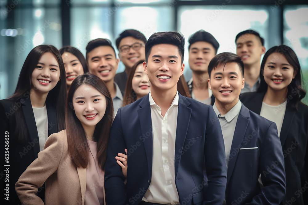 An accomplished Asian business team stands in a modern office, exuding confidence and camaraderie as they smile at the camera, a portrait of success and satisfaction. Generative AI. An accomplished Asian business team stands in a modern office, exuding confidence and camaraderie as they smile at the camera, a portrait of success and satisfaction. Generative AI.