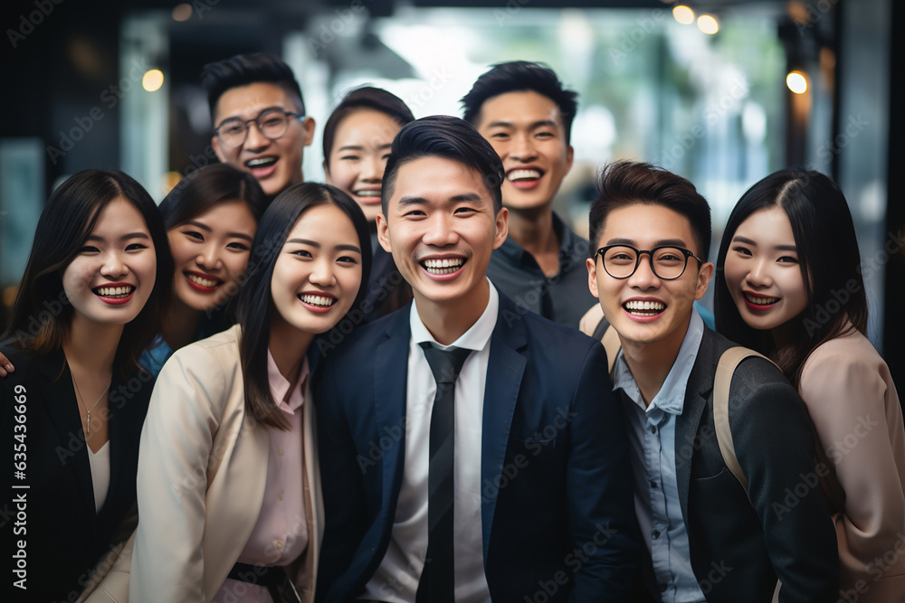 An accomplished Asian business team stands in a modern office, exuding confidence and camaraderie as they smile at the camera, a portrait of success and satisfaction. Generative AI. An accomplished Asian business team stands in a modern office, exuding confidence and camaraderie as they smile at the camera, a portrait of success and satisfaction. Generative AI.