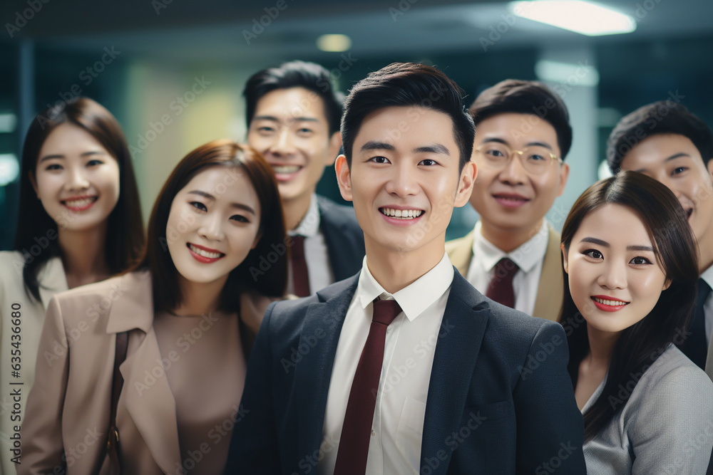 An accomplished Asian business team stands in a modern office, exuding confidence and camaraderie as they smile at the camera, a portrait of success and satisfaction. Generative AI. An accomplished Asian business team stands in a modern office, exuding confidence and camaraderie as they smile at the camera, a portrait of success and satisfaction. Generative AI.