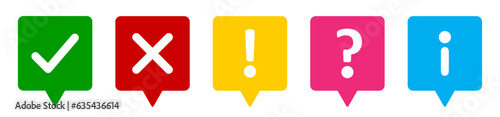 Set of flat thinking square icons- check mark, cross, X mark, exclamation point, question mark and information mark vector. Tick, cross, exclamatory, question and info mark set in thinking square.