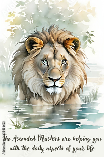 lion head illustration - Spiritual positive quote Watercolor Landscape wall art - Generative AI