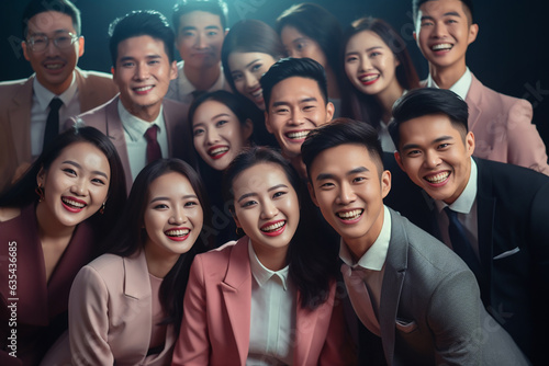 An accomplished Asian business team stands in a modern office, exuding confidence and camaraderie as they smile at the camera, a portrait of success and satisfaction. Generative AI.