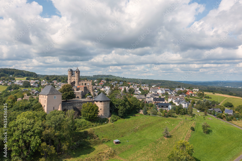 Aerial view of Greifenstein Castle near the village of the same name in eastern Westerwald/Germany