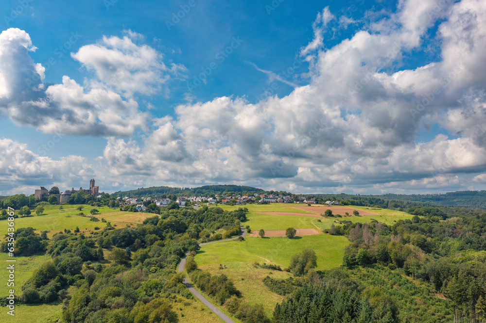 Aerial view of Greifenstein Castle near the village of the same name in eastern Westerwald/Germany