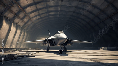Jet fighter in concrete secret military war base ready