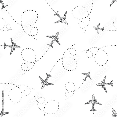 Vector Hand Drawn Flying Airplanes Seamless Pattern Design on White Background. Retro Vintage Style Plane Texture Background. Soaring Aerial Airship Vehicle Flying for Arrival Landing. Planes Texture.