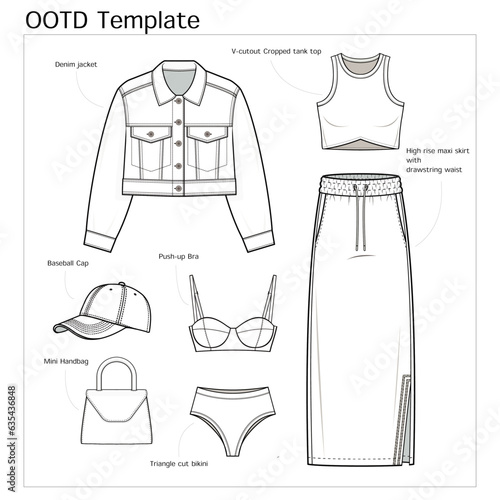 Jean jacket stylish Look. OOTD template. technical fashion illustration. denim jacket, sporty cargo maxi skirt, cropped tank top, baseball hat, mini handbag, bra, bikini, vector template, CAD mockup.