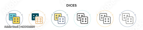 Dices icon in filled, thin line, outline and stroke style. Vector illustration of two colored and black dices vector icons designs can be used for mobile, ui, web
