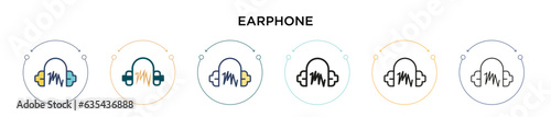 Earphone icon in filled, thin line, outline and stroke style. Vector illustration of two colored and black earphone vector icons designs can be used for mobile, ui, web