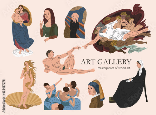 Famous paintings in vector. Exhibition of classical painting. Gallery of works of art. masterpieces of world art. Creation of Adam. Reproductions of paintings. Birth of Venus. Sistine Madonna.