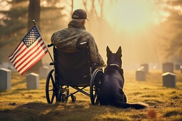 American war veteran in a wheelchair with with German Shepherd in a cemetery at Day of Remembrance