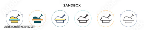 Sandbox icon in filled, thin line, outline and stroke style. Vector illustration of two colored and black sandbox vector icons designs can be used for mobile, ui, web