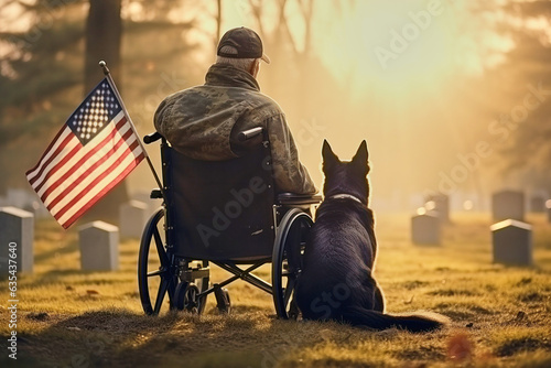 American war veteran in a wheelchair with with German Shepherd in a cemetery at Day of Remembrance