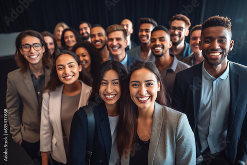 Confident international business team in powerful poses, wearing suits, showcases unity and professionalism. Smiles capture a portrait of success in a modern office. Generative AI.